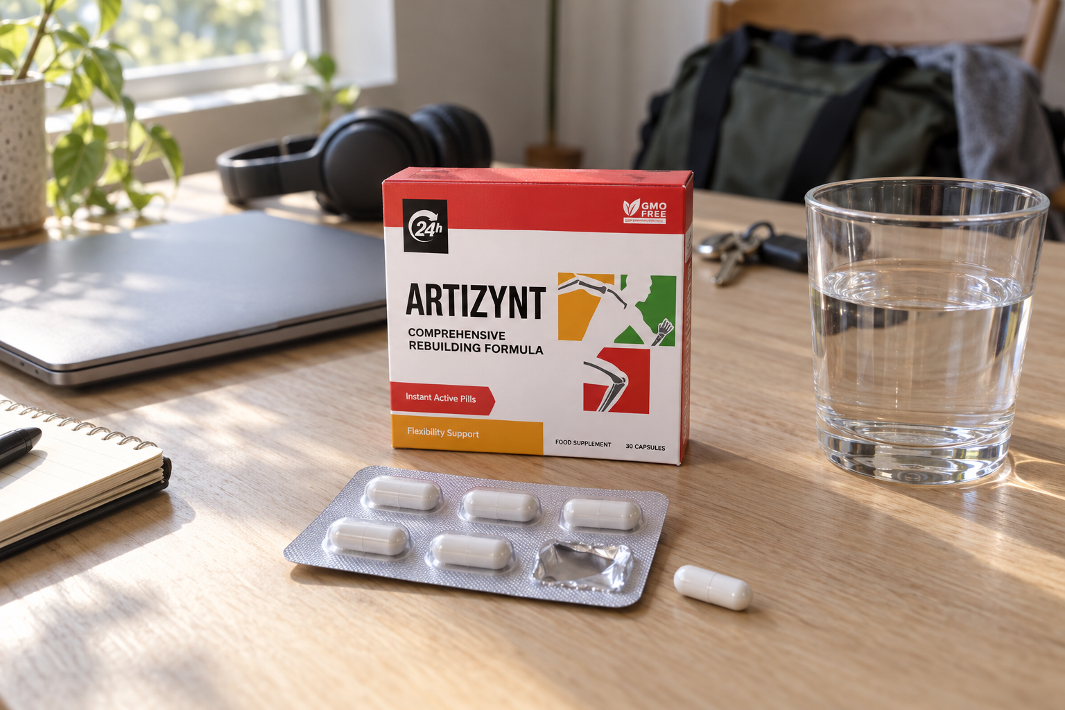 ArtiZynt-Packung und Blister mit Kapseln auf einem Schreibtisch neben Sporttasche und Wasserflasche