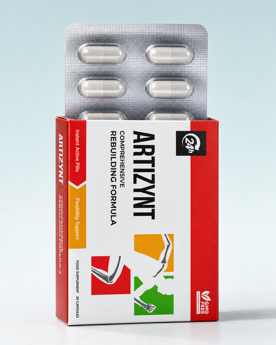 ArtiZynt-Faltschachtel mit herausragendem Blister und weißen Kapseln
