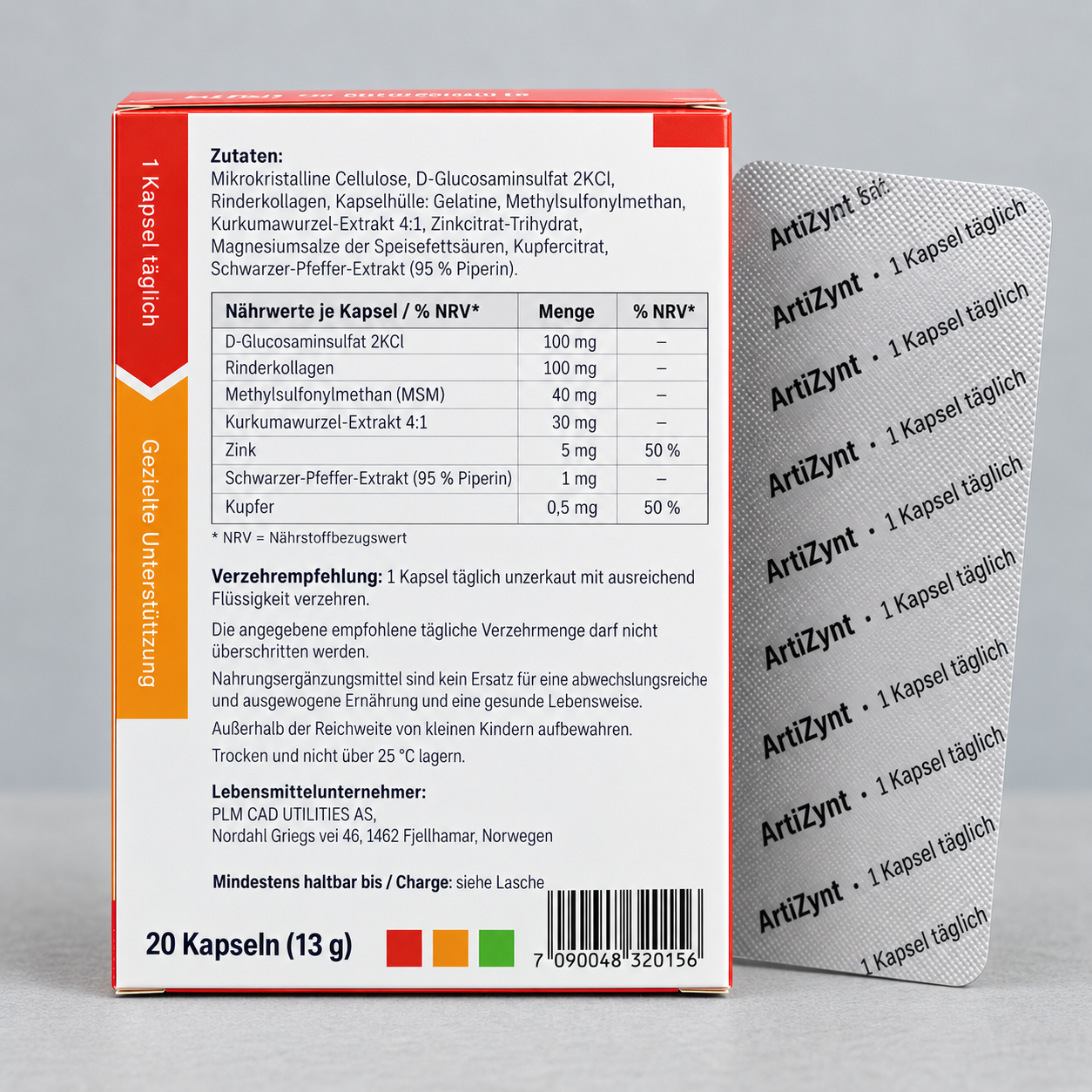 Rückseite der ArtiZynt-Faltschachtel mit Zutatenverzeichnis und Nährwerttabelle, daneben der Blister